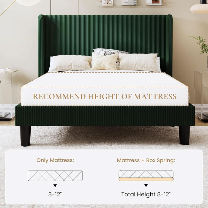 Queen Size Corduroy Upholstered Platform Bed Frame with Vertical Channel Tufted Wingback Headboard, 8" under Bed Storage, Wooden Slats & Metal Frame Support, Easy Assembly, Dark Green