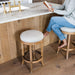 Eva 31 Inch Tall Bar Height Rotating Backless Barstool in Weathered Oak Finish with Sand Color Fabric Upholstered Seat