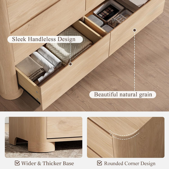 Dresser for Bedroom with 6 Drawers, 47" W Modern Chest of Drawers with Unique Thickened Foot, Rounded Corner Design, Wooden Dresser Organizer for Bedroom, Living Room, Hallway, Natural Oak