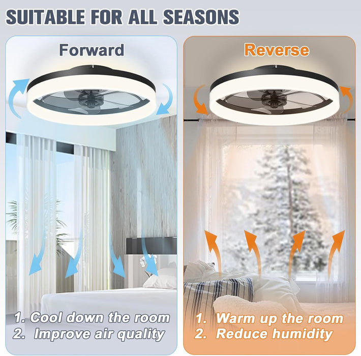 Low Profile Ceiling Fans with Lights and Remote, Fandelier Ceiling Fan Flush Mount, 3000K-6500K Smart Bladeless LED Fan Light, Black Modern Ceiling Fans with Lights for Bedroom