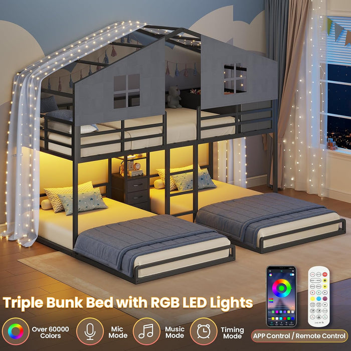 Black CommercialGrade Triple Bunk Bed HouseShaped LED