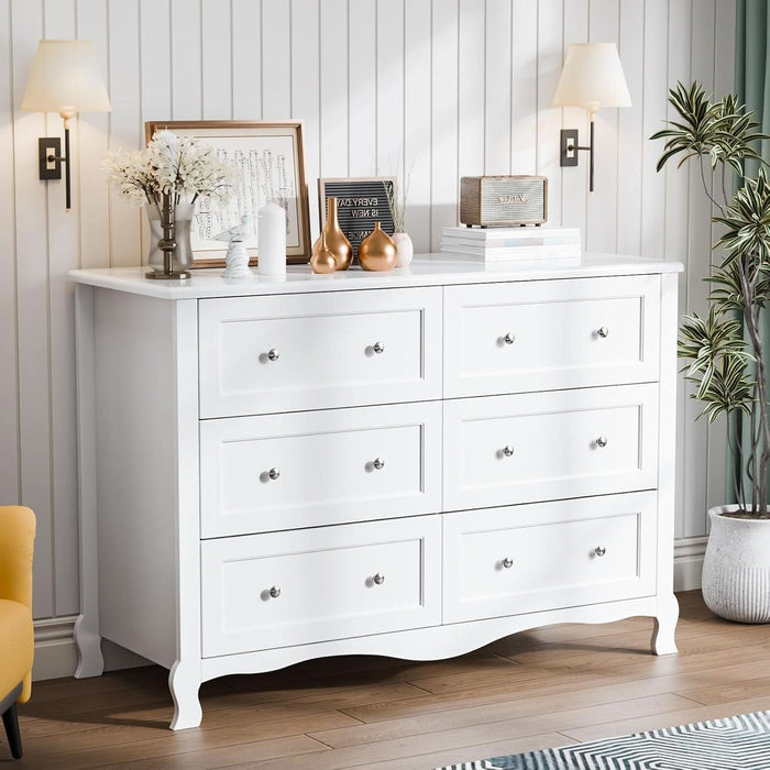 White Dresser 6 Drawer, Wood Dresser Chest of Drawers, Clothes Dressers for Bedroom with Curved Legs and Grooved Drawer Front, French, 47.24" W*15.75" D*33" H