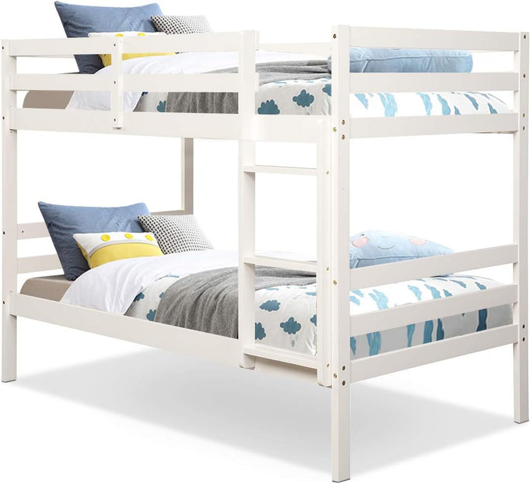 Twin over Twin Bunk Beds, Wood Convertible Two Beds, Solid Rubberwood Bunk Bed with 1 Pcs Built-In Ladder and Safety Rails, No Box Spring Needed, Space Saving Bed Frame for Bedroom (White)