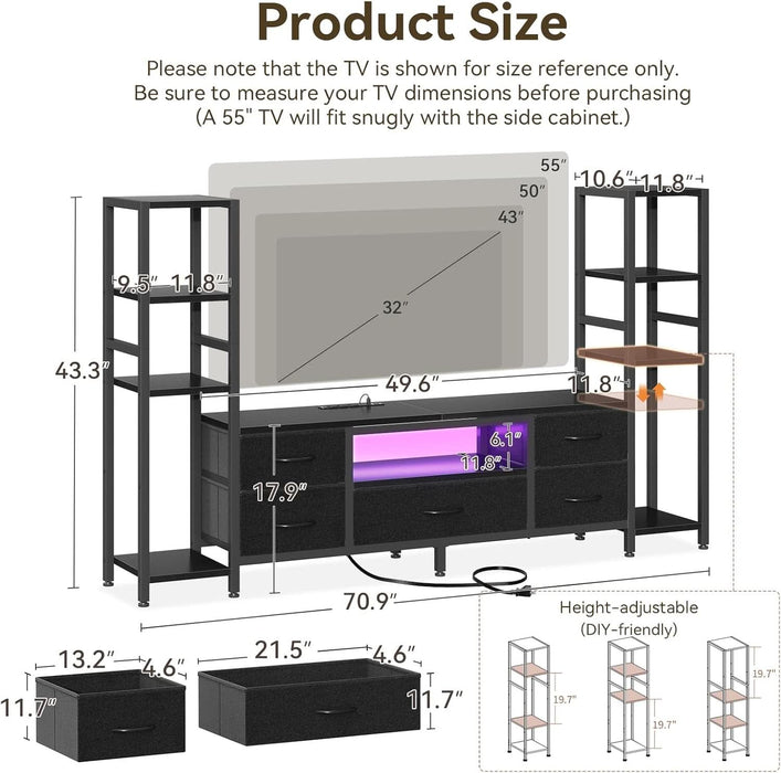 TV Stands for 40/43/50 Inch TV, Entertainment Center with LED Lights & Power Outlets, TV Stand Living Room with 5 Fabric Drawers, TV Console Cabinet for Bedroom, Black