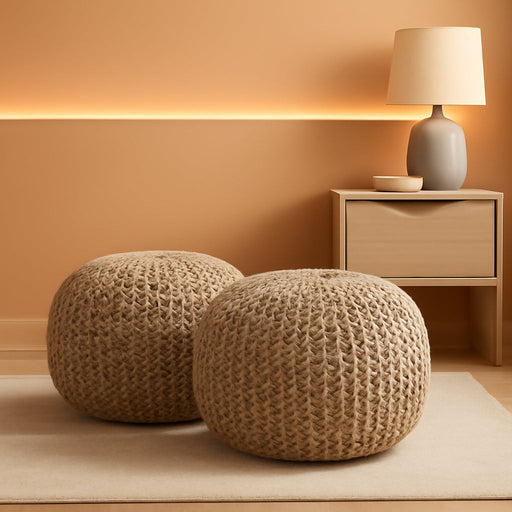 · round Pouf Ottoman - Hand Knitted Cable Boho Poof Home Décor Pouffe Circular Footrest for Living Room - Nursery - Bedroom - Lounge 100% Cotton (18”X18”X14”) - Beige Ivory, Set of 2