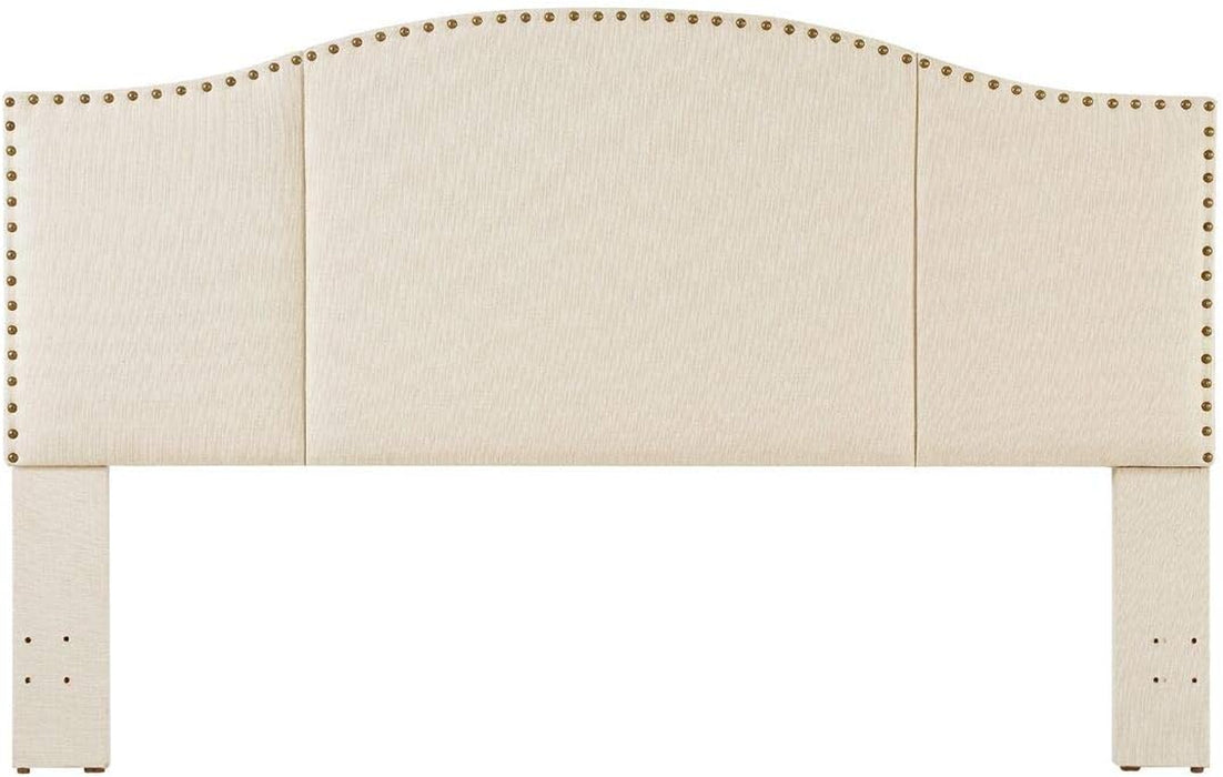 Middle Century Linen Upholstered Tufted King Size Headboard with Antique Brass Nail Heads Trim King/California King Headboard-Ivory