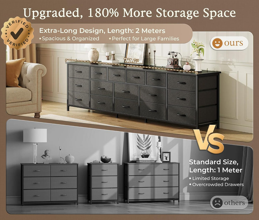 77.6" Long Dresser for Bedroom, 16 Drawer Fabric Dresser for Closet, Wide Chest of Drawers with Storage, TV Stand for 65, 75, 85 Inch TV, 77.6" W X 13" D X 26.4" H, Black