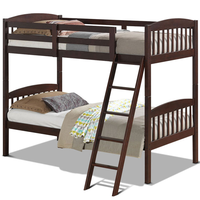 Hardwood Twin Bunk Beds with Inclined Ladder and Safety Guardrails