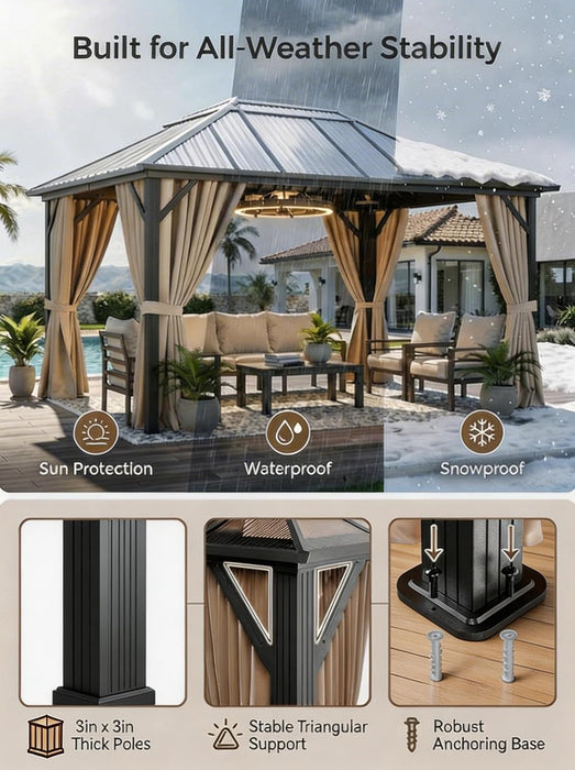 10' X 13' Aluminum Hardtop Gazebo with Double Roof, All-Weather Permanent Outdoor Canopy with Netting & Curtains for Patio, Backyard, Deck, and Lawn