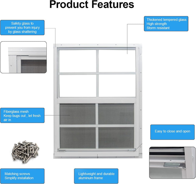 2 Pack Shed Window, 12 X 18 Flush Mount Window with Tempered Glass and Fiberglass Screen for Shed, Chicken Coop, Playhouse, Household, Garage