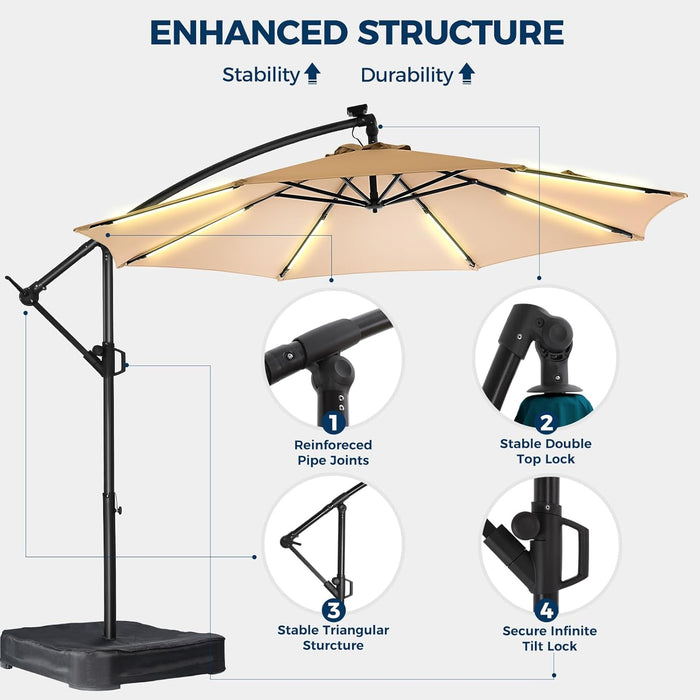 10 Ft Offset Patio Umbrella with Solar Lights, LED Lighted Umbrella Outdoor Patio with Base Included, Heavy Duty Hanging Cantilever Umbrellas for Pool Deck with UV Protection&Easy Tilt, Beige