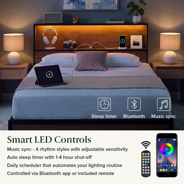 Kai Platform Bed Frame, RGB LED Lights, USB Charging Station, Queen