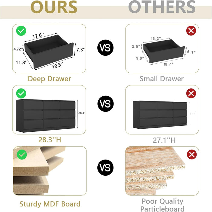Black 9 Drawer Dresser for Bedroom, Long Dresser with Deep Drawer,Modern Wide Wood Storage Chest of Drawer, Bedroom Storage Furniture,Tv Stand for Living Room