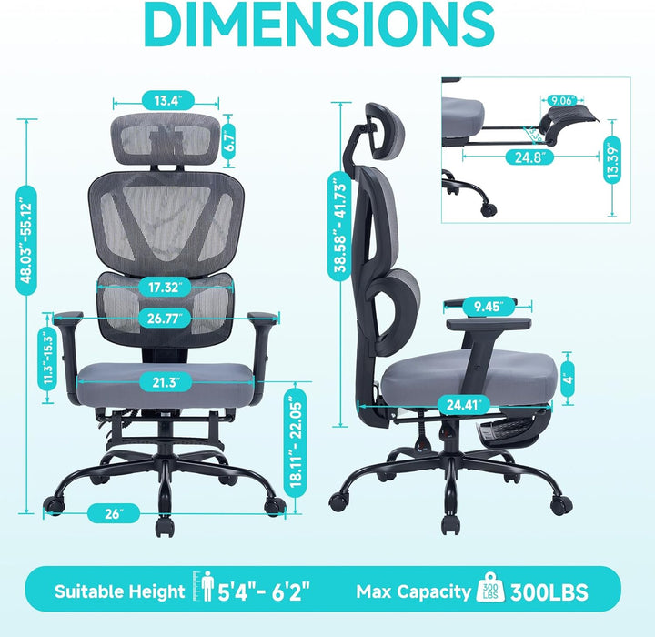 Ergonomic Office Chair with Footrest, 90-160° Reclining Mesh Desk Chair