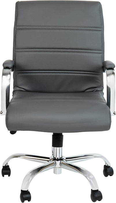 Whitney Mid-Back Swivel Leathersoft Desk Chair with Padded Seat and Armrests, Adjustable Height Padded Office Chair, Gray/Chrome