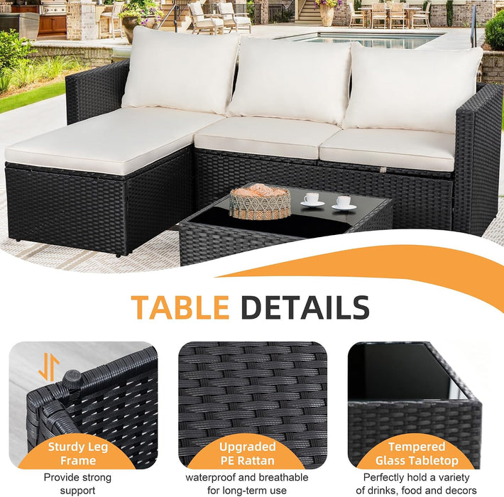4 Pieces Patio Furniture Set, 2-In-1 Convertible Sectional Sofa & Chaise Lounge, All-Weather Wicker Rattan Sofa Couch with Cushions & Coffee Table for Yard, Garden, Porch, Poolside (Beige)