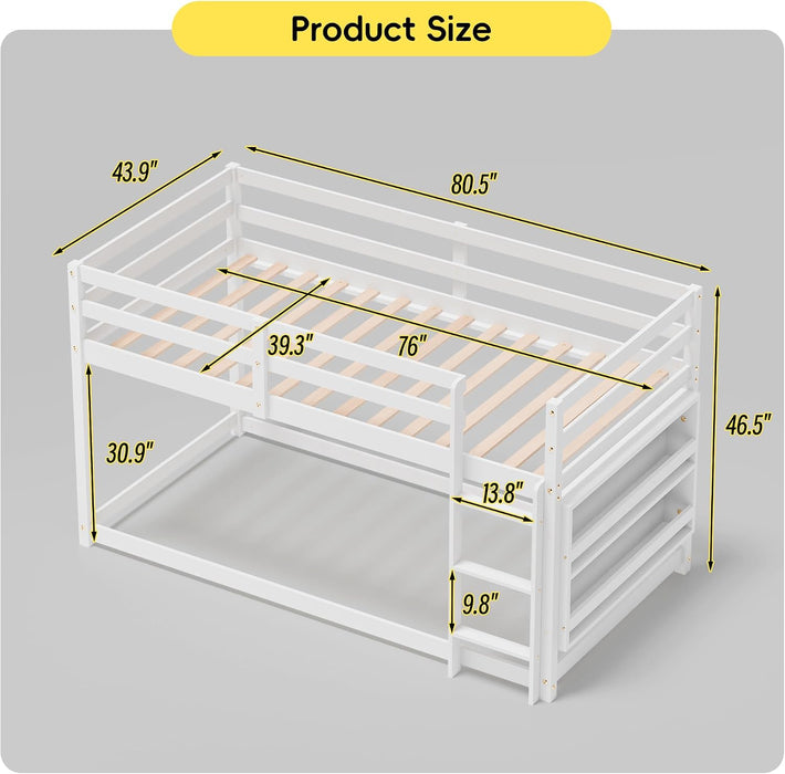 Low Bunk Bed for Kids, Floor Bunk Bed Twin over Twin with Bookshelves & Full Guardrails, Wooden Twin Bunk Bed Frame for Bedroom, Dorm, Boys, Girls, Children, Toddler (White)