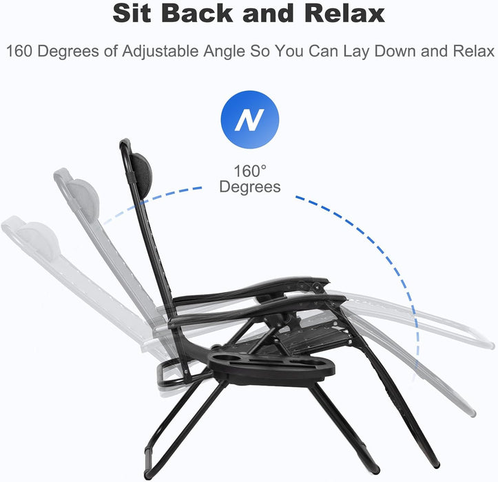 Set of 2 Relaxing Recliners Patio Chairs Adjustable Steel Mesh Zero Gravity Lounge Chair Beach Chairs with Pillow and Cup Holder Black