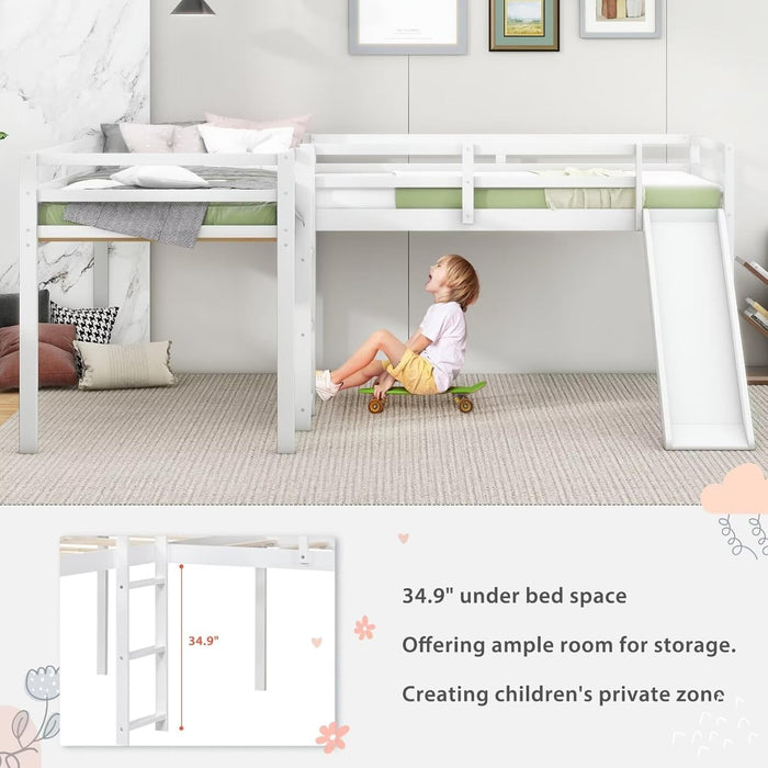Wooden Twin Size Double Loft Bed with Slide and Ladder, L-Shaped Bed Frame with Full-Length Guardrail, Wood Bedframe for Kids Teens Adults Bedroom, 2 Twin Beds,White