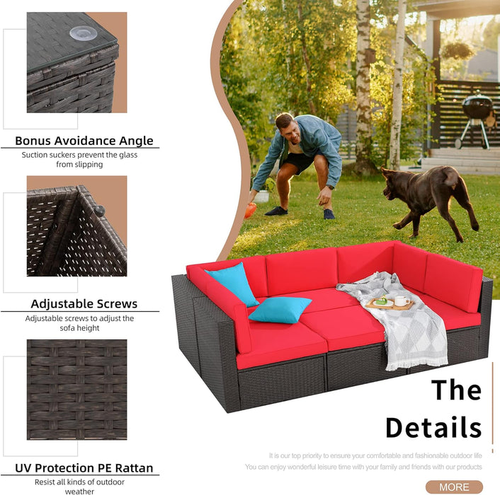 6 Pieces Patio Furniture Sets Outdoor All-Weather Sectional Patio Sofa Set PE Rattan Manual Weaving Wicker Patio Conversation Set with Glass Table&Ottoman Cushion and Red Pillows, Red
