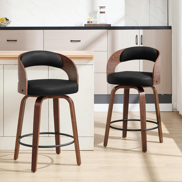 Swivel Bar Stools Set of 2,26" Faux Leather Upholstered Counter Height Barstools with Back,Mid-Century Modern Bar Chairs with Bentwood Legs and Footrest for Kitchen Island Bar Counter Black