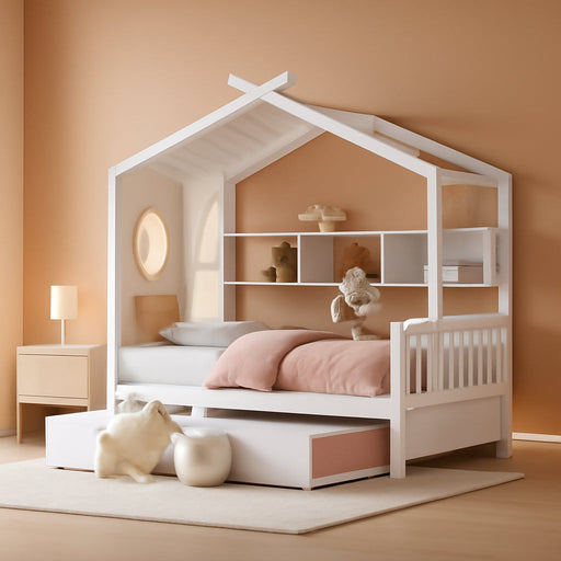 White Full Size PlayhousePlatform Bed With WindowAndFence