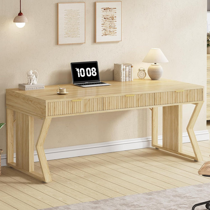55" Executive Office Desk with 3 Drawers, Home Office Desk with Storage Drawers, Computer Writing Desk Study Table, Natural Oak