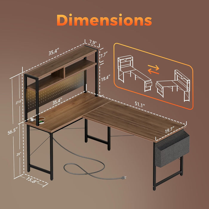50 Inch Large L Shaped Desk with Pegboard Hutch & Shelves, Corner Gaming Desk with Power Outlet, LED Light & Storage Bag, Reversible Computer Desk for Home, Bedroom, Office Workspace, Walnut
