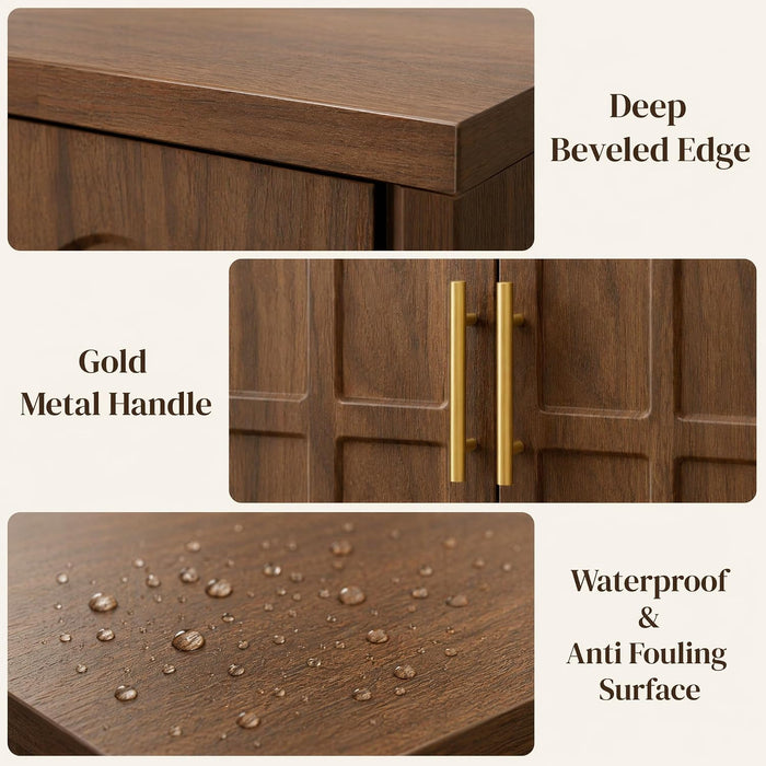 59" Sideboard Buffet Cabinet, 3 Drawers, 4 Doors, Walnut | Modern Coffee Bar Cabinet with Gold Handles, Long Sideboard Buffet Table for Kitchen