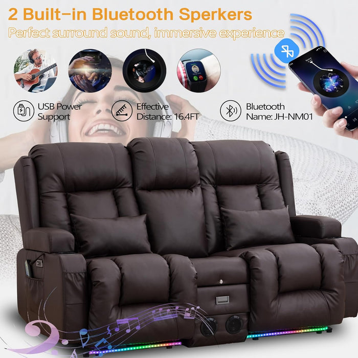 Power Loveseat Recliner Sofa, Home Theater Seating with Console, PU Leather Reclining Sofa with 4 Colors LED Lights, AC Outlets, USB-A/C Ports and Cup Holders(Brown, 2-Seater) | Electric Control, Bluetooth Speaker, Vibration Massage, Waist Heating, 4 Colors LED Strips, Charging Interface