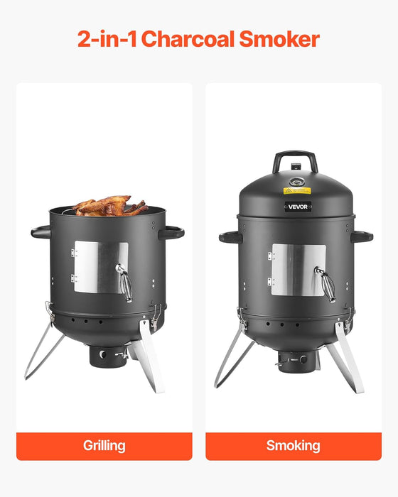 Charcoal Smoker, 16" Vertical Charcoal BBQ Grill, Coated Steel Barbecue Smoker with 2 Grilling Grates, Thermometer, Air Vents & Removable Ash Tray, Ideal for Backyard Patio Parties Cooking