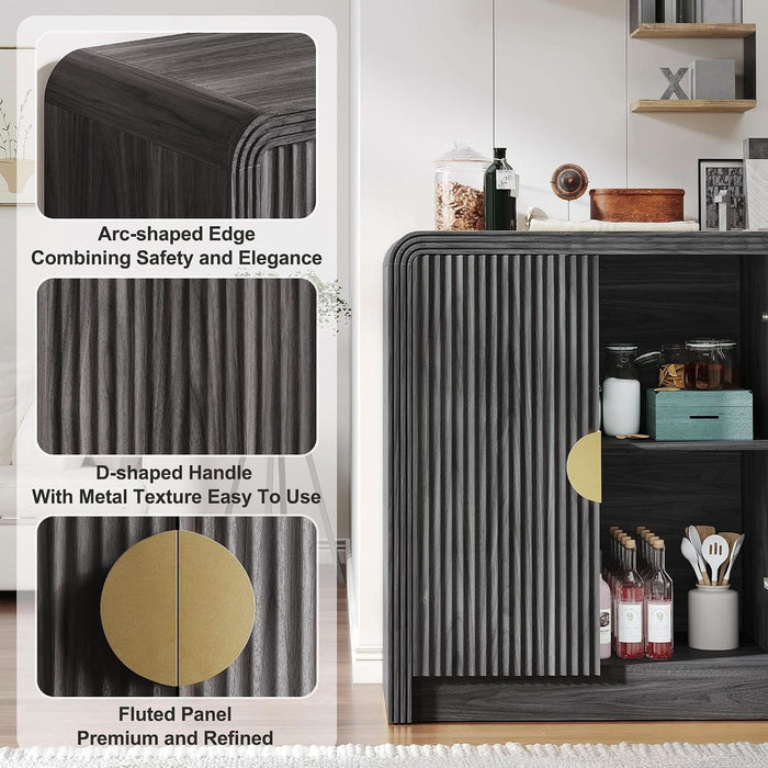 55" Fluted Buffet Sideboard Cabinet with Storage, Modern Mid-Century Buffet Cabinet with Adjustable Shelves, for Kitchen,Living Room,Entryway,Coffee Bar Cabinet (Dark Black Walnut)