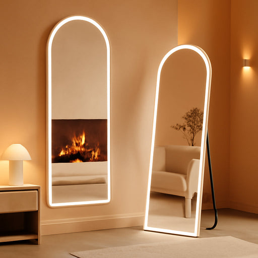 Arched Full Length Mirror with LED Lights, 61"X17" Lighted Floor Mirror with Dimming & 3 Color Lighting, Stand for Bedroom, Dressing Room