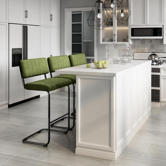 30'' Modern Bar Stools with Tufted Backs, Upholstered Velvet Fabric Bar Height Stools Chairs, Mid Century Cantilever Barstools for Kitchen Island Pub Set of 2