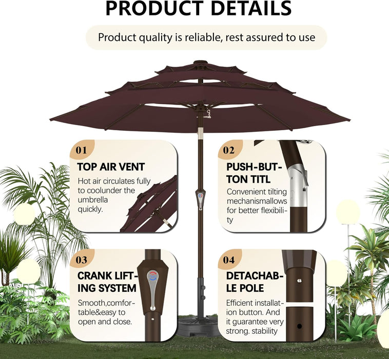 9FT 3-Tier Large Outdoor Patio Umbrella Market Table Umbrella-Uv Resistant,Easy Push Button Tilt and Crank,8 Sturdy Fiberglass Ribs Heavy-Duty Pool Umbrella for Deck,Backyard,Garden,Yard,Brown