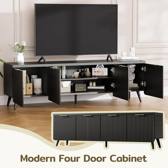 TV Stand for up to 60" Tvs, Modern Entertainment Center with 4 Wave Stripe Doors, Media Console Table with 5 Wooden Legs & Metal Handles, Modern TV Stand for Living Room Bedroom, Black