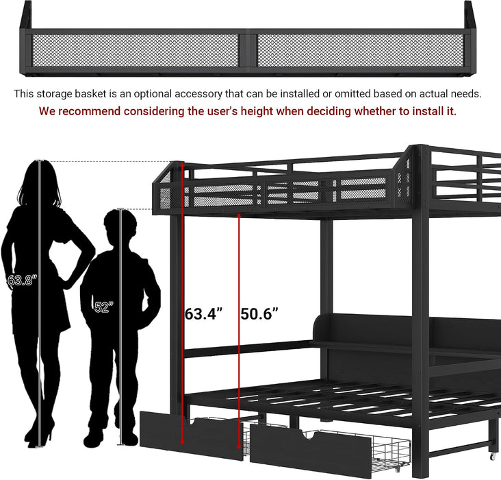 Queen Over Queen Metal Bunk Bed USBChargingPortsAndLED