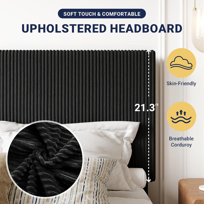 Full Bed Frame, Upholstered Platform Bed, Adjustable Vertical Channel Tufted Headboard, Corduroy Fabric, Modern Low Profile, Wooden Slats, No Box Spring Needed, Easy Assembly, Black