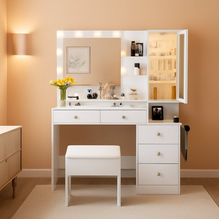 Vanity Desk with Mirror and Lights, Makeup Vanity Table Set with 5 Storage Drawers, Power Outlet & Chair, Small Dressing Table with RGB Ambient Light, Adjustable Brightness for Girls Bedroom, White