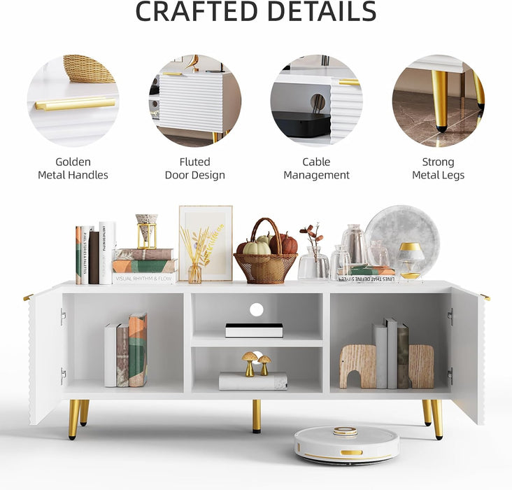 TV Stand for 55 Inch Tvs, Modern TV Console for Living Room Bedroom, TV Media Stand with Adjustable Shelf, Wood Entertainment Center with Storage Cabinets (White and Gold, Fluted Pattern)
