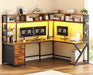 L Shaped Desk with Hutch and 3 Drawers, Convertible 94.5" Computer Desk with File Drawer, L Shaped Office Desk with Power Outlet, LED Lights, Storage and Pegboard for Home Office, Brown