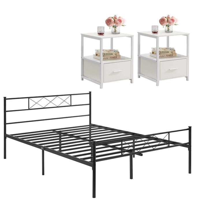 3-Piece Modern Bedroom Sets Include Queen Bed Frame + 2 White Nightstands