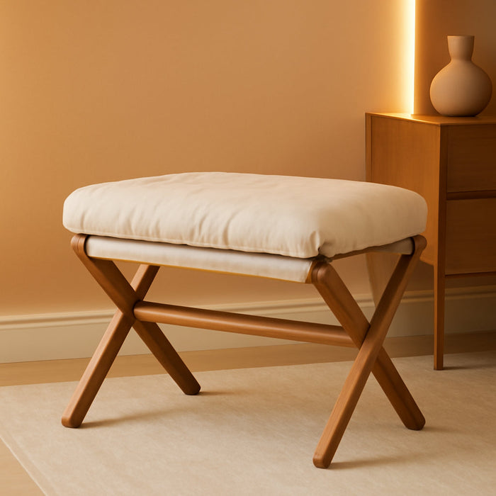 Ottoman Foot Rest- Bamboo Foldable Stool, Foot Stools Small Ottman with Upholstered & X Legs, Folding Stool for Makeup, Bedroom and Living Room (Large Beige)