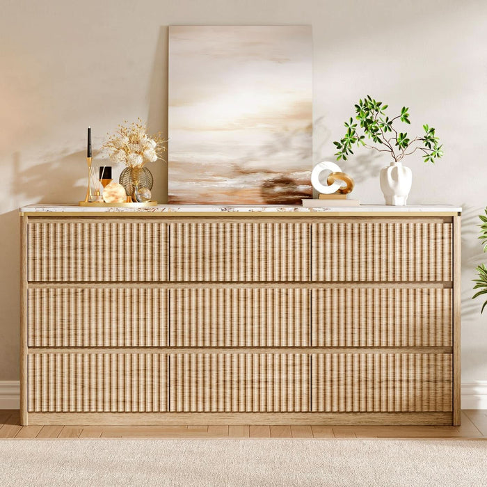 Fluted Dresser for Bedroom with 9 Drawers,62.99" Modern Chest of Drawers with Faux Marble Top, Curved Profile Design,Dresser TV Stand, Wood Drawer Organizer for Living Room, Hallway, Wood