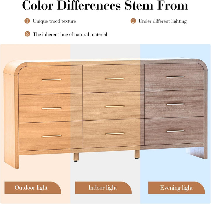 Curved 9-Drawer Dresser for Bedroom, 63" Wide Modern Chest of Drawers, Vanity Desk TV Stand for Living Room, Closet Storage Drawers Coffee Table Bedside Table End Table, Oak
