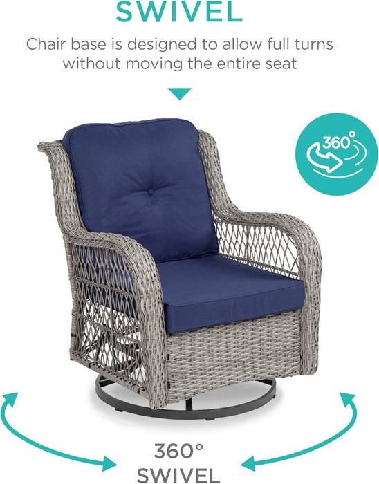 3-Piece Outdoor Wicker Patio Bistro Set W/ 2 360-Degree Swivel Rocking Chairs and Tempered Glass Top Side Table - Navy