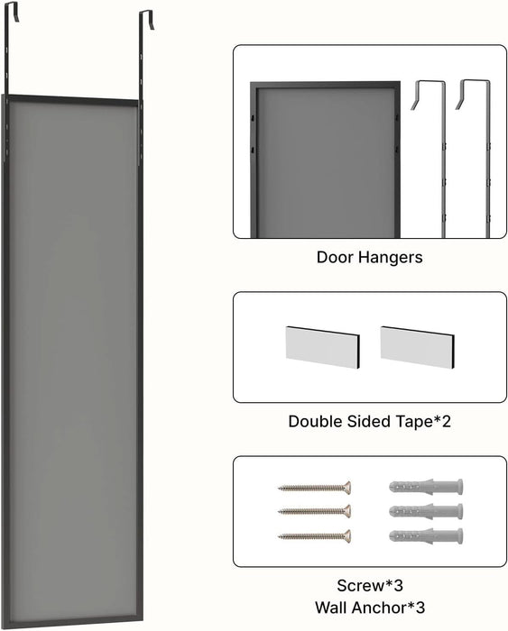 48X14 Inch Full Length Tempered Glass Door Mirror - over the Door Hanging, No Drill Installation, Suitable for Bedroom & Closet, Sturdy Hanging Design