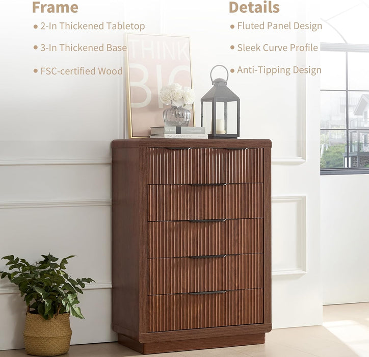 Walnut Dresser with 6 Drawers, 44.4" Tall Modern Chest of Drawers with Thickened Curved Profile Design, Wooden Dresser Organizer for Bedroom, Living Room, Hallway