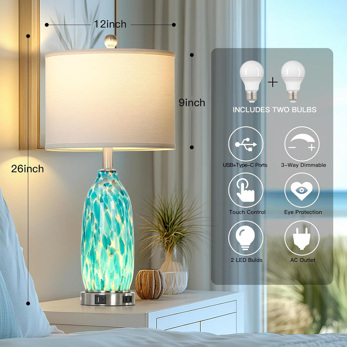 26" Peacock Green Glass Table Lamps Set of 2,Coastal Nautical Bedside Lamps with USB Ports & AC Outlet,Lamparas Elegantes Para Cuarto with Night Light for Bedroom Living Room Decoration