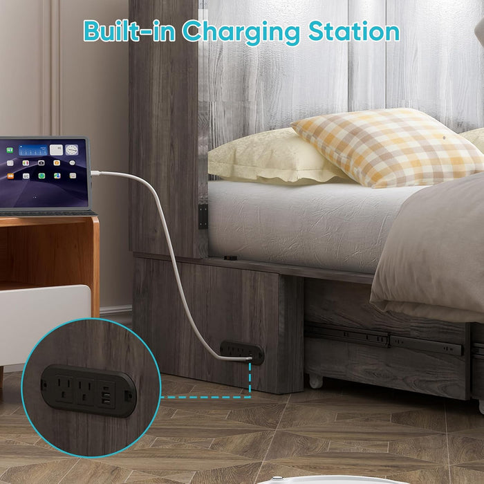 Queen Size Murphy Bed with Tri-Folding Mattress，Murphy Bed with Charging Station and 2 Large Storage Drawers for Small Spaces/Bedroom（Grey）